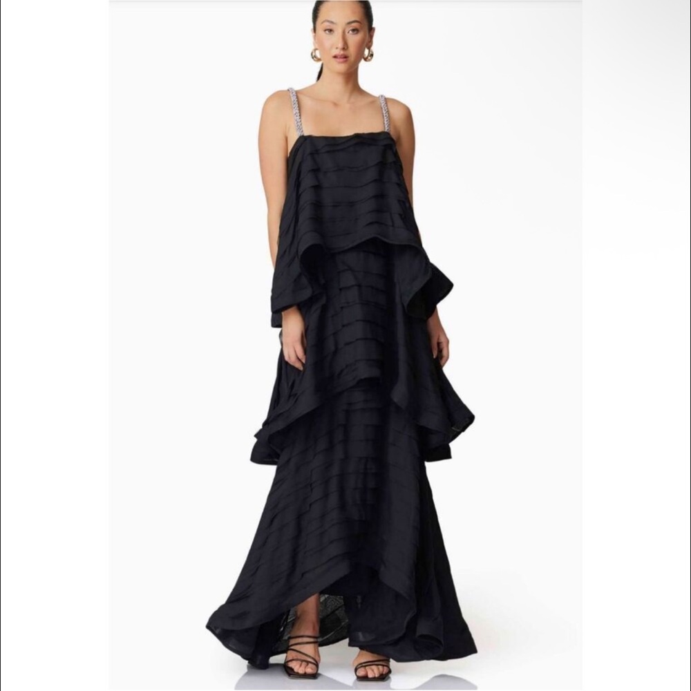 Elegant Black Tiered Maxi Dress with Embellished Straps